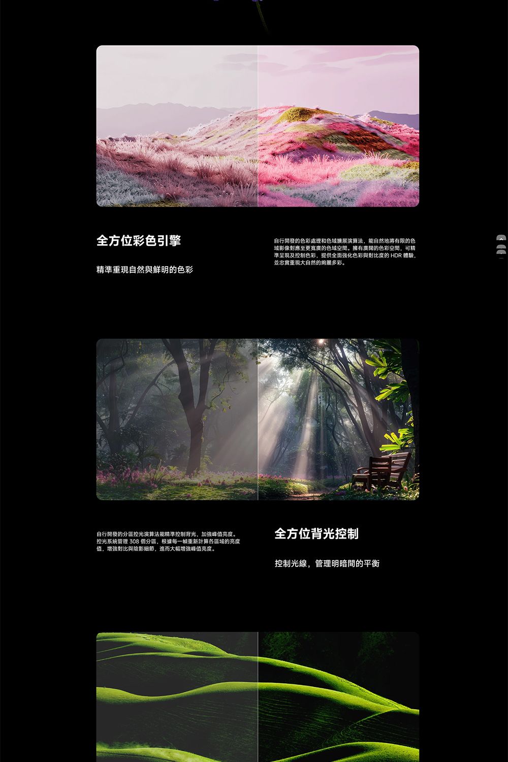 全方位彩色引擎精準重現自然與鮮明的色彩自行開發的色彩處理和色域擴展演算法能自然地將有限的色域影像對應至更的色域空間。擁有的色彩空間,可精準呈現及控制色彩,提供色彩與對比度的 HDR 體驗並忠實重現大自然的絢麗多彩。自行開發的分區控光演算法能精準控制背光,加強峰值亮度。控光系統管理 308 個分區,根據每一幀重新計算各區域的亮度值,增強對比與陰影細節,進而大幅增強峰值亮度。全方位背光控制控制光線,管理明暗間的平衡