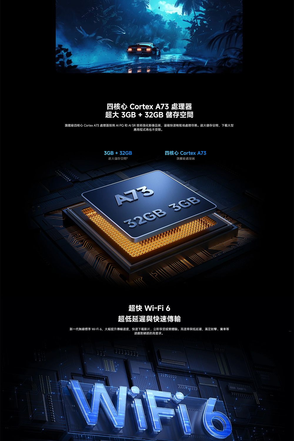 四核心 Cortex  處理器超大3GB+32GB 儲存空間旗艦級四核心 Cortex A73 處理器  PQ 和 AI SR 技術影像品質還能快速輕鬆地處理任務。超大儲存空間,下載大型應用程式再也不受限。3GB+32GB四核心 Cortex A73超大儲存空間*旗艦級處理器A7332GB 3GB超快 Wi-Fi6超低延遲與快速傳輸新一代無線標準 Wi-Fi6,大幅提升傳輸速度,快速下载影片,立即享受娛樂體驗。高速率與低延遲,滿足射擊、賽車等遊戲對網路的高要求。WiFio