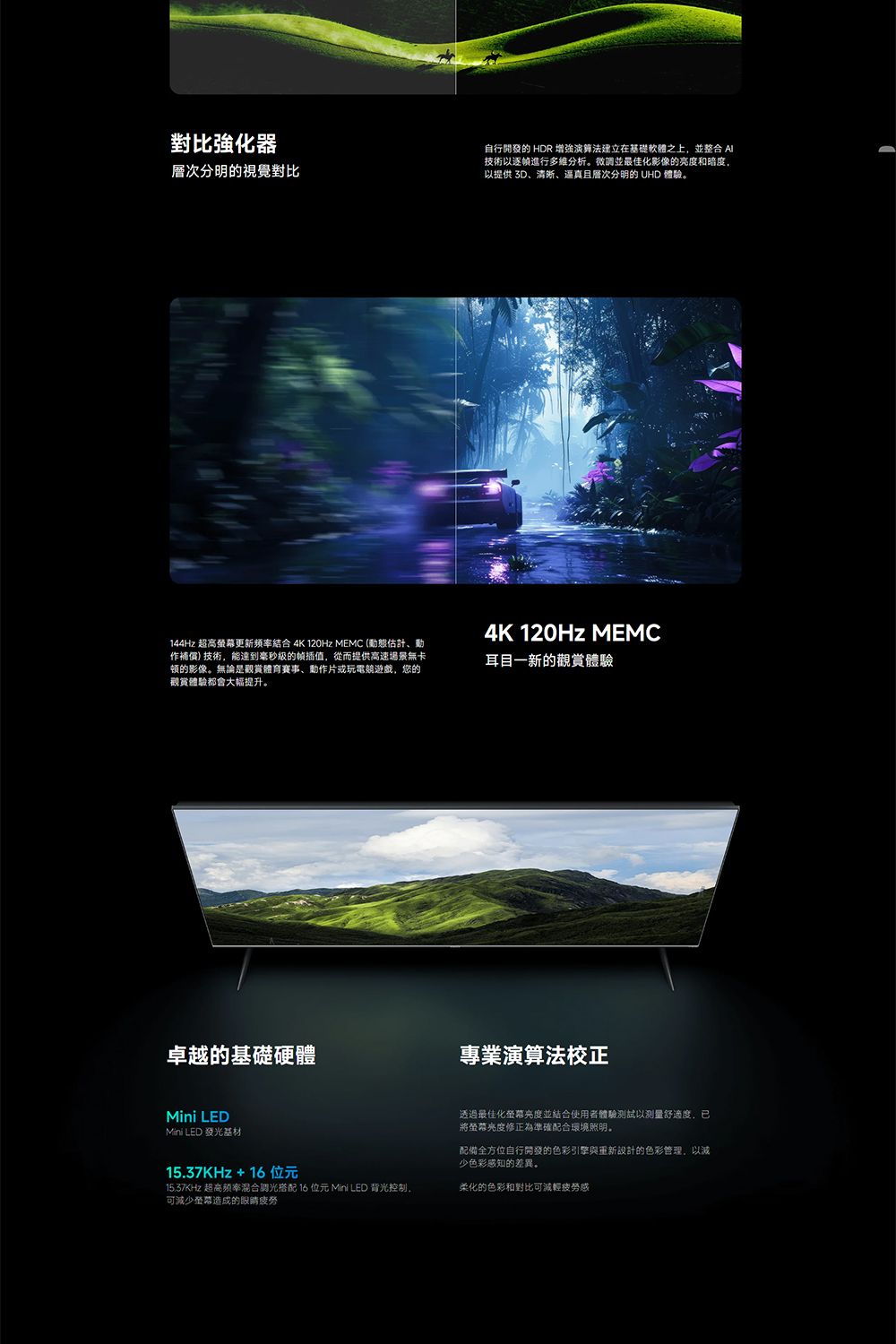 對比強化器層次分明的視覺對比自行開發的 HDR 建立在基礎軟體之上並整合 技術以逐幀進行多维分析。微調並最佳化影像的亮度和暗度以提供 3D、逼真且層次分明的 UHD 體驗。144Hz 超高更新頻率結合 4K 120Hz MEMC (估計、作補償技術,能達到的插值,從而提供高速場景無卡頓的影像。無論是體育賽事、動作片或玩電遊戲,您的觀賞體驗都會大幅提升。卓越的基礎硬體4K 120Hz MEMC耳目一新的觀賞體驗專業演算法校正Mini LEDMini LED 發光基材15.37KHz+16位元15.37KHz 超高频率混合調光搭配 16位元 Mini LED 背光控制,可減少造成的眼睛透過最佳化亮度並結合使用者體驗測試以測量舒適度,已將螢幕亮度修正為準確配合環境照明。配備全方位自行開發的色彩引擎與設計的色彩管理,以少色彩的差異。柔化的色彩