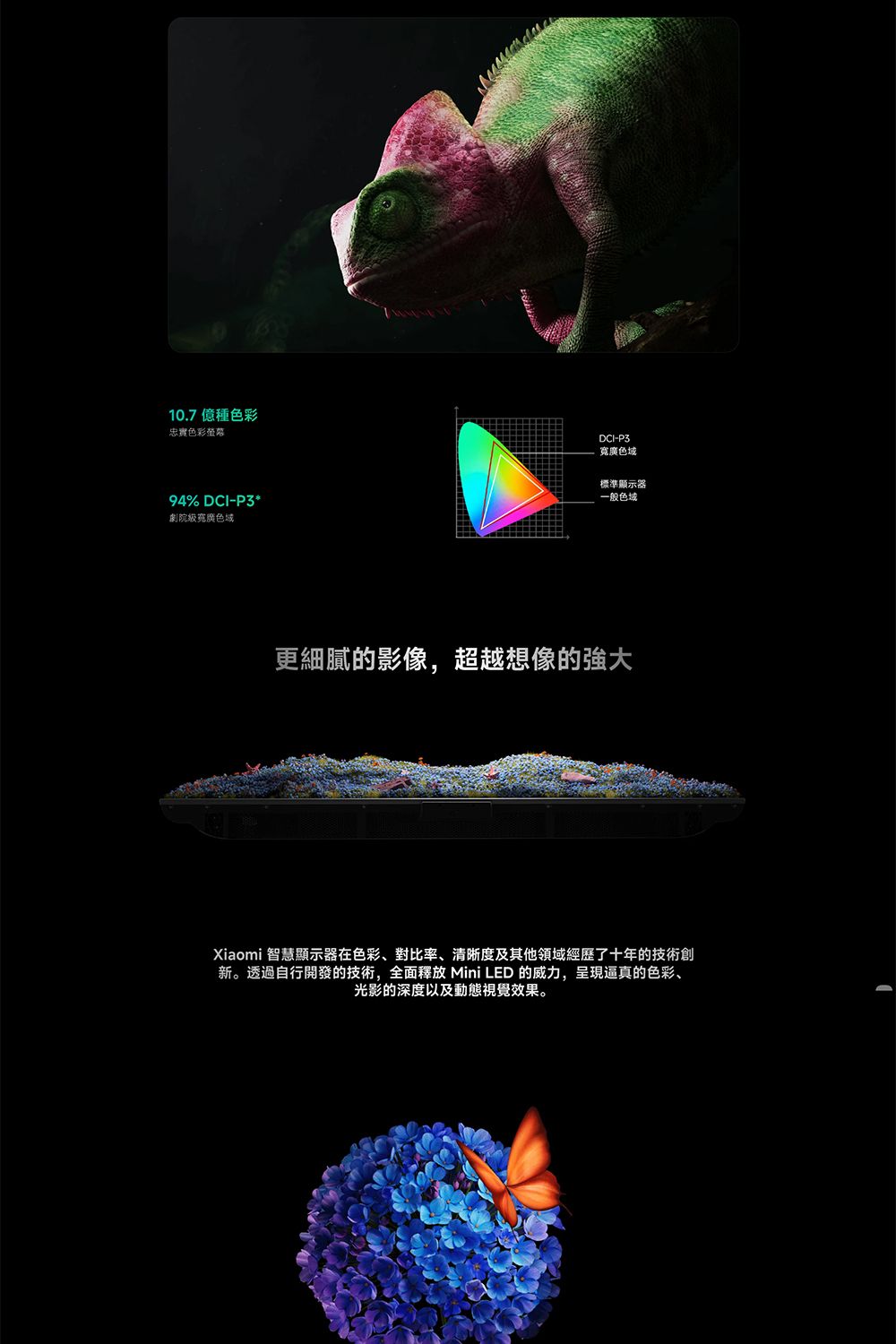 10.7億種色彩忠實色彩94% DCI-P3*DCI-P3色域標準顯示器一般色域劇院寬廣色域更細膩的影像,超越想像的強大Xiaomi 智慧顯示器在色彩、對比率、清晰度及其他領域經歷了十年的技術創新。透過自行開發的技術,全面釋放 Mini LED 的威力,呈現逼真的色彩、光影的深度以及動態視覺效果。
