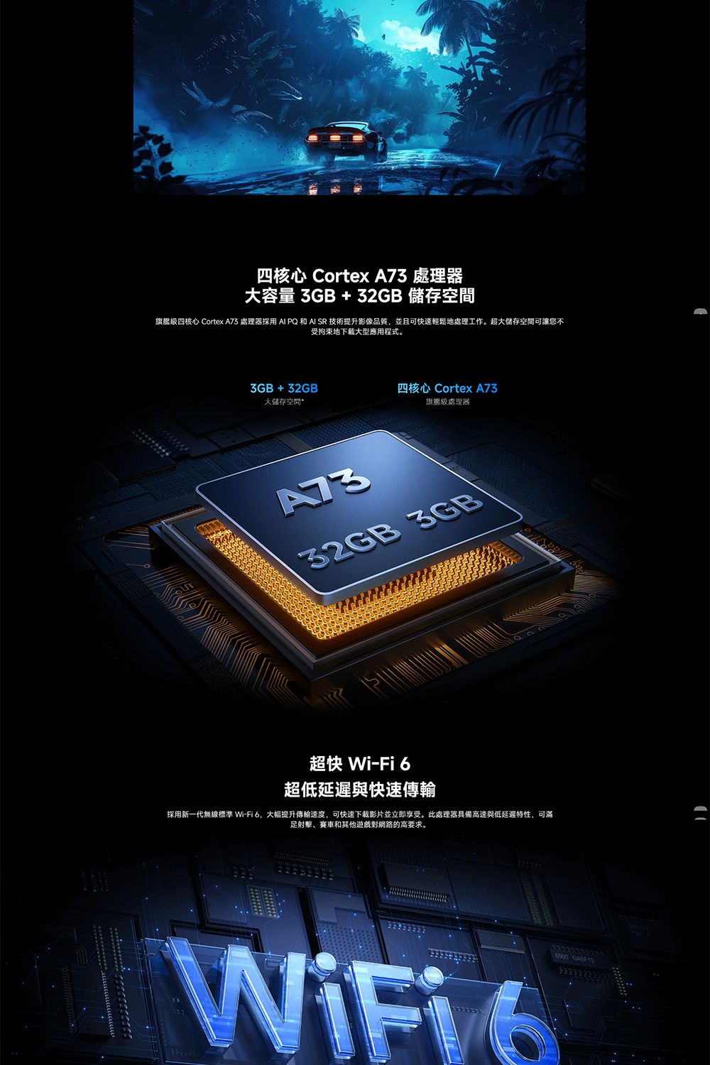 四核心 Cortex A73 處理器大容量 3GB +32GB 儲存旗艦級四核心 Cortex A73 處理器採用 AI PQ 和 AI SR 技術提升影像品質並且可快速輕鬆地處理工作。超大儲存空間可讓您不受拘束地下載大型應用程式。3GB+32GB四核心 Cortex A73大儲存空間旗艦級處理器32GB 3GB超快 Wi-Fi 超低延遲與快速傳輸採用新一代無線標準 Wi-Fi,大幅提升傳輸速度,可快速下載影片並立即享受。此處理器具備高速與低延遲特性,可滿射擊、賽車和其他遊戲對網路的高要求。 6