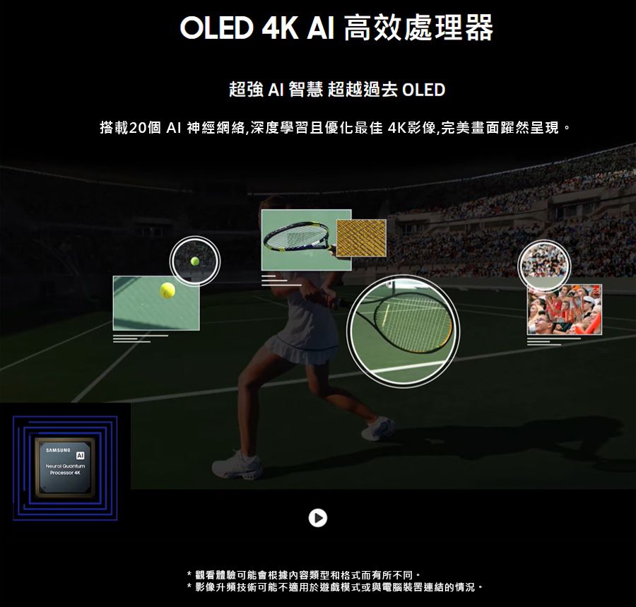 SAMSUNG  OLED 4K AI 高效處理器超強 AI 智慧 超越過去 OLED搭載20個 AI 神經網絡,深度學習且優化最佳 4K影像,完美畫面躍然呈現。*觀看體驗可能會根據內容類型和格式而有所不同。* 影像升頻技術可能不適用於遊戲模式或與電腦裝連結的情況。