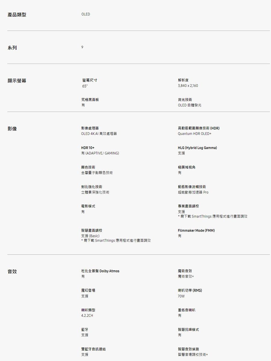 產品類型OLED系列9示螢幕螢幕尺寸65解析度3,840 x 2,160究極黑面板背光技術OLED 自體發光影像影像處理器OLED 4K  高效處理器HDR10+ (ADAPTIVE/ GAMING)高動態範圍顯像技術(HDR)Quantum HDR OLED+HLG (Hybrid Log Gamma)支援音效顯色技術金屬量子點顯色技術極廣域視角對比強化技術立體景深強化技術電影模式動態影像流暢技術超能動態加速器 Pro專業畫面調校支援*需下載 SmartThings 應用程式進行畫面調效智慧畫面調校支援(Basic)* 需下載 SmartThings 應用程式進行畫面調效Filmmaker Mode (FMM)杜比全景聲 Dolby Atmos魔幻音場支援魔術音效魔術音效+喇叭功率 (RMS)70W喇叭類型4.2.2CH重低音喇叭藍牙支援雙藍牙音訊連結支援智慧抗噪模式有智慧音效偵測智慧音場調校技術+