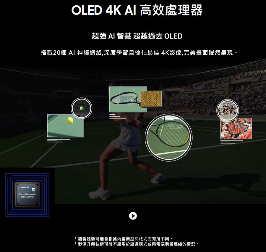 SAMSUNG  OLED 4K  高效處理器超強 AI 智慧 超越過去 OLED搭載20個 AI 神經網絡,深度學習且優化最佳 4K影像,完美畫面躍然呈現。*觀看體驗可能會根據內容類型和格式而有所不同。* 影像升頻技術可能不適用於遊戲模式或與電腦裝連結的情況。