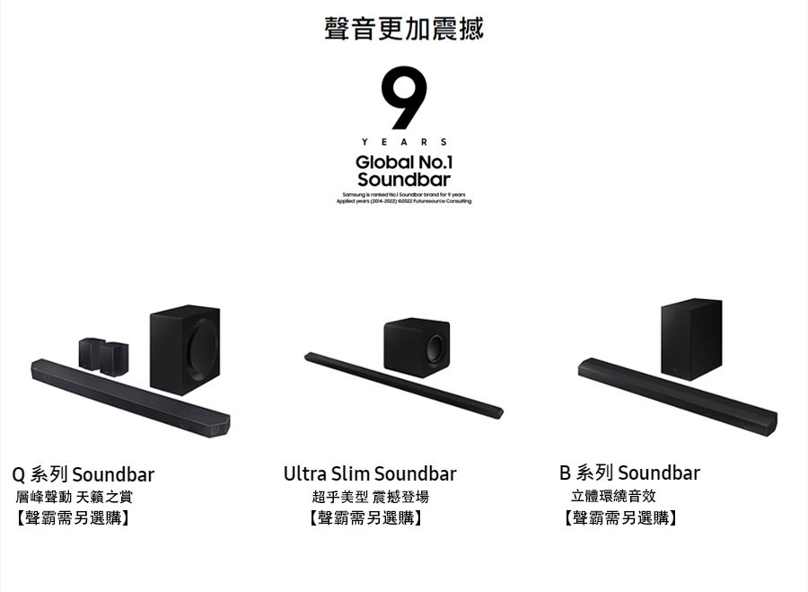 聲音更加震撼YEARSGlobal    No.1 Soundbar   9      Q 系列 Soundbar層峰聲動 之賞【聲霸需另選購】Ultra Slim Soundbar超乎美型 震撼登場【聲霸需另選購】B 系列 Soundbar立體環繞音效【聲霸需另選購】