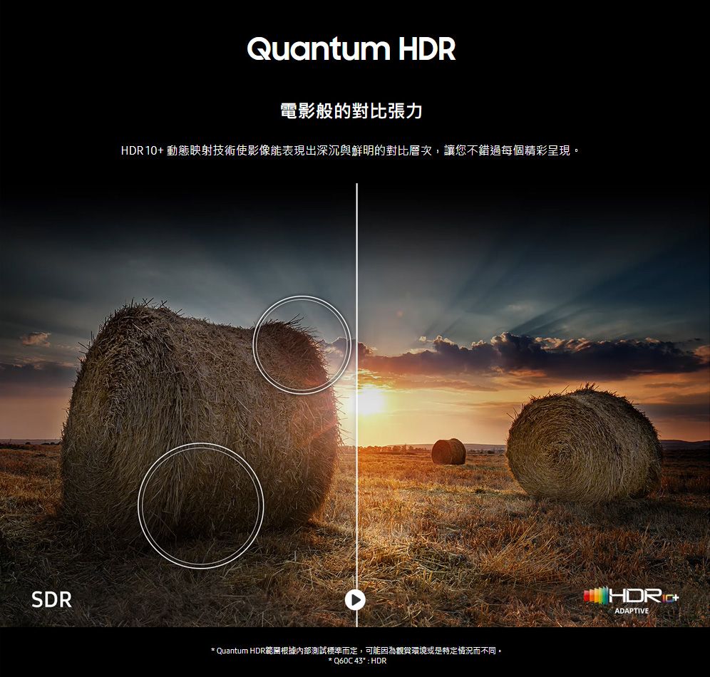 SDRQuantum 電影般的對比張力HDR10 動態映射技術使影像能表現出深沉與鮮明的對比層次,讓您不錯過每個精彩呈現。 Quantum HDR範圍根據內部測試標準而定,可能因為觀賞環境或是特定情況而不同。* Q60C 43* : HDRHDR+ADAPTIVE