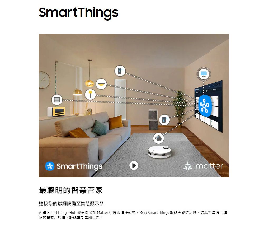 SmartThingsSmartThingsmatter最聰明的智慧管家連接您的聯網設備至智慧顯示器內建 SmartThings Hub 與支援最新 Matter 物聯網連接規範 SmartThings 輕鬆完成跨品牌跨裝置串聯,連結智慧家居設備,輕鬆享受串聯生活。