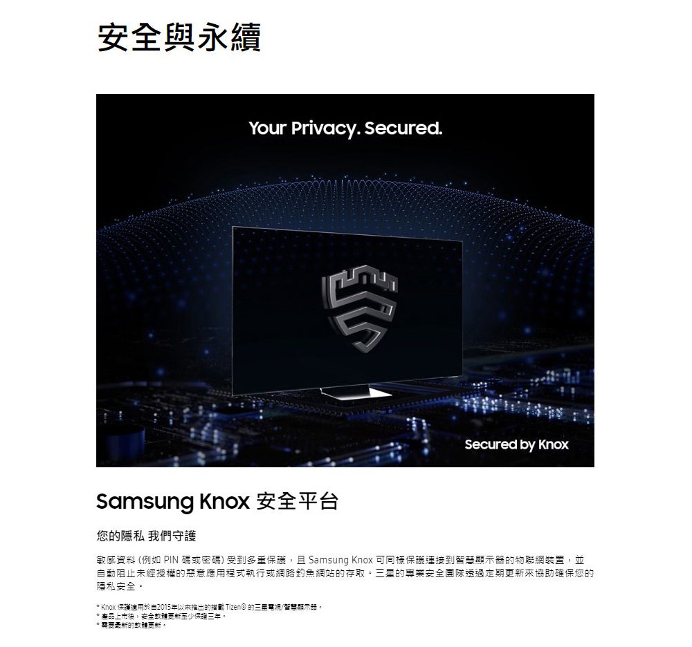 安全與永續Your Privacy. Secured.Samsung Knox 安全平台您隱私 我們守護Secured by Knox敏感資料 (例如 PIN 碼或密碼 受到多重保護且 Samsung Knox 可同樣保護連接到智慧顯示器物聯網裝置,並動阻止未經授權的惡意應用程式執行或網路釣魚網站的存取三星的專業安全團隊透過定期協助確保您的隱私安全。* Knox 保護適用於自2015年以来推出的 Tizen) 的三星電視/智慧顯示器。*產品上市後,安全更新至少三年。*需要最新的軟體更新。