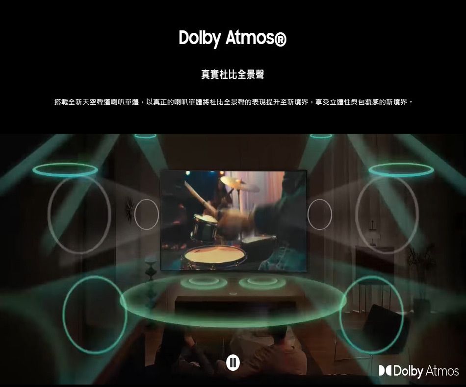 Dolby 真實杜比全景聲搭載全新天空聲道喇叭單體,以真正的喇叭單體將杜比全景聲的表現提升至新境界,享受立體性與包覆感的新境界。①Dolby Atmos