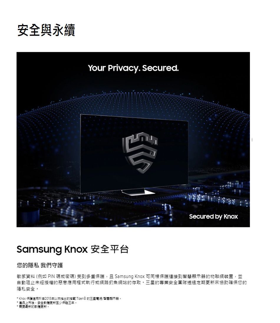 與永續Your Privacy. Secured.Samsung  安全平台您隱私 我們守護Secured by 敏感資料 (例如 PIN碼或密碼受到多重保護且 Samsung Knox 可同樣保護連到智慧物聯網裝置,並動阻止未經授權惡意應用程式執行或網路釣魚網站的存取三星的專業安全團隊透過定期協助確保您的隱私安全。* Knox 保護適用自2015年以来的 Tizen) 的三星電視/智慧顯示器。*產品上市後,安全更新至少保接三年。*需要的更新。