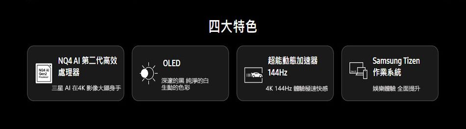 NQ4 AI 第二代高效OLED A 處理器四大特色超能動態加速器144HzSamsung Tizen作業系統深邃的黑 純淨的白三星 AI 在4K 影像生動的色彩4K 144Hz 體驗極速快感娛樂體驗 全面提升