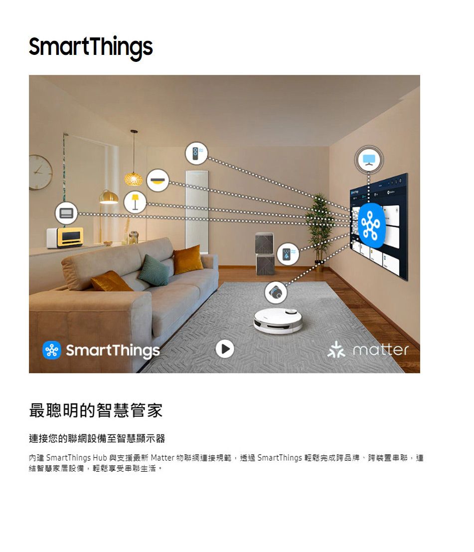 SmartThingsSmartThingsmatter最聰明的智慧管家連接您的聯網設備至智慧顯示器 SmartThings Hub 與支援最新 Matter 物聯網連接規範透過SmartThings 輕鬆完成跨品牌、跨裝置串聯,連結智慧家居設備,輕鬆享受串聯生活。