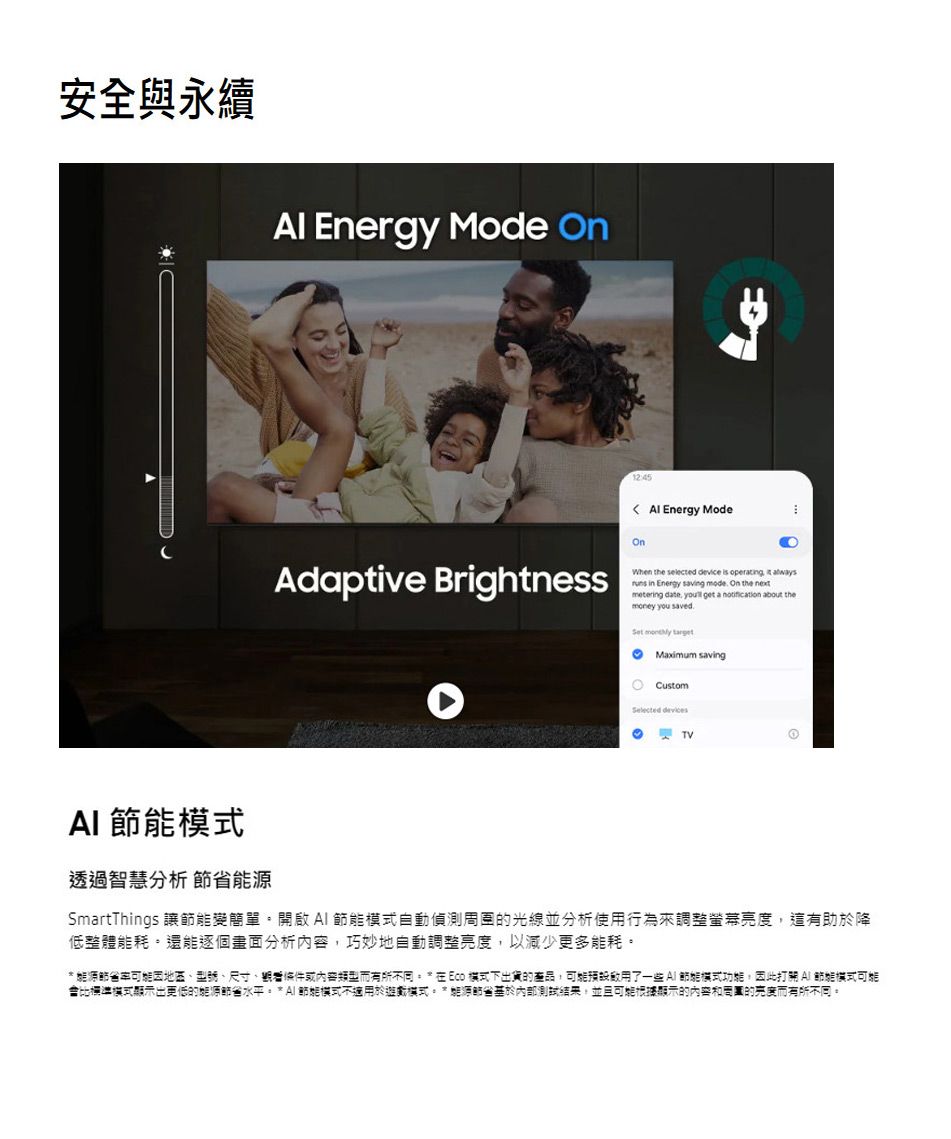 安全與永續 Energy Mode  Al Energy ModeAdaptive BrightnessWhen the selected device is    in Energy saving mode n the metering date  get a notification about themoney you saved  Maximum savingCustomSelected devicesOTV 透過智慧分析 SmartThings 讓簡 自動光線並分析使用行為來調整螢幕這有助於降低整體能耗還能逐個畫面分析巧妙地自動調整亮度,以減少更多能耗因地區、型號、尺寸、內容有所不同  在  下出貨的產品,用了一些 節能,因此打開  節能可能會比模式顯示出更低的能源節省水平。AI節能模式不適用於模式。*能源節省內部,並且可能根據顯示的內容單的亮度而有所不同。