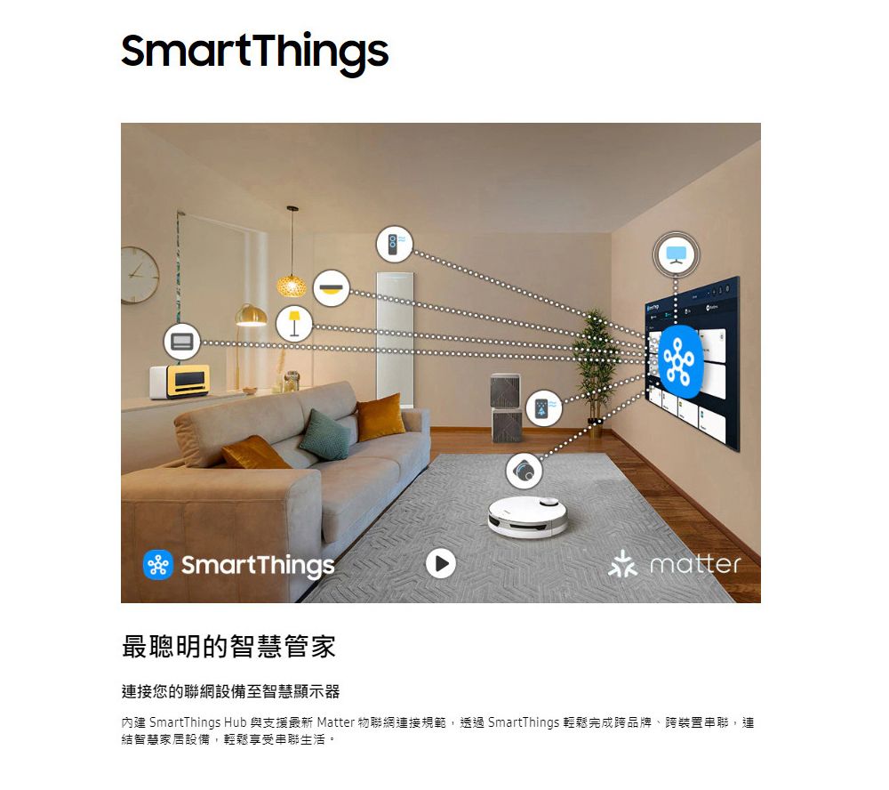 SmartThingsSmartThings最聰明的智慧管家matter連接您的聯網設備至智慧顯示器內建 SmartThings Hub 與支援最新 Matter 物聯網連接規範透過 SmartThings 輕鬆完成跨品牌、跨裝置串聯,連結智慧家居設備,輕鬆享受串聯生活。