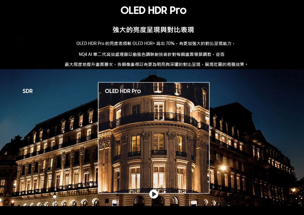 SDROLED HDR Pro強大的亮度呈現與對比表現OLED HDR Pro 的亮度表現 OLED HDR+  70%,有更加強大的對比呈現能力,NQ4 AI 第二代高效處理器以動態色調映射技術針對每個畫面場景調教,從而最大限度地提升畫面層次,各個像素得以有更為明亮與深邃的對比呈現,展現壯麗的視覺效果。OLED HDR Pro