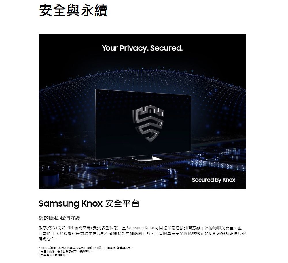安全與永續Your Privacy. Secured.Samsung Knox 安全平台您隱私 我們守護Secured by Knox敏感資料 (例如 PIN 碼或密碼 受到多重保護且 Samsung Knox 可同樣保護連接到智慧顯示器的物聯網裝置,並動阻止未經授權的惡意應用程式執行或網路釣魚網站的存取三星的專業安全團隊透過定期更新協助確保您的隱私安全。 Knox 保護適用於 自2015年以来推出的 Tizen) 的三星電視/智慧顯示器。*產品上市後,安全更新至少三年。*的軟體更新。