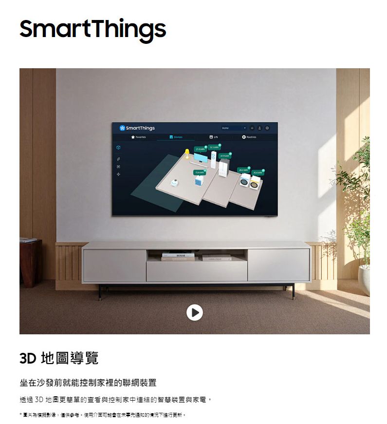 SmartThingsSmartThings3D 地圖導覽坐在沙發前就能控制家裡的聯網裝置透過 3D 地圖更簡單的查看與控制家中連結的智慧裝置與家電。* 圖片為影像,僅供參考。使用介面可能在未事先通知的情況下進行更新。