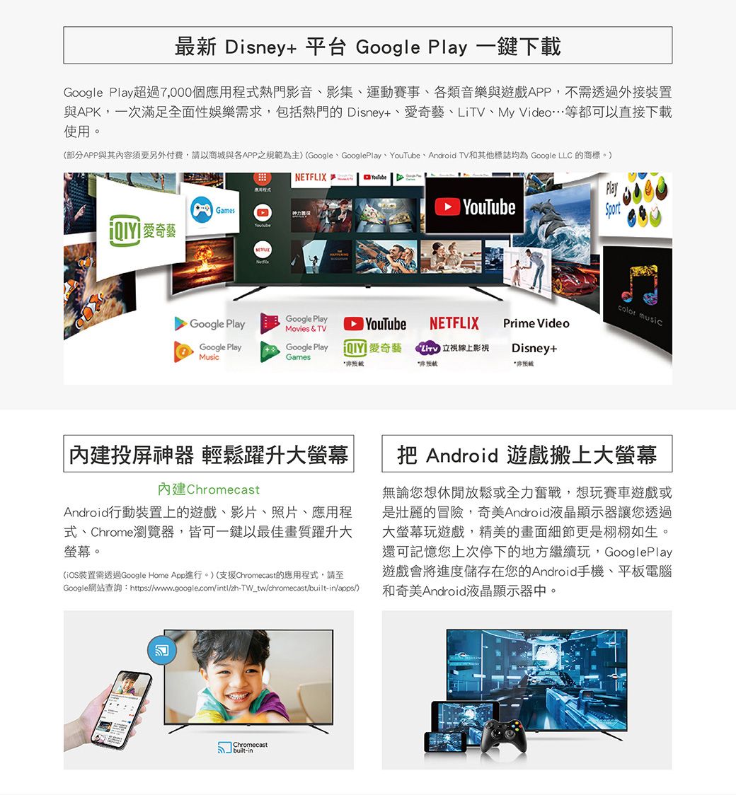 最新 Disney+ 平台 Google Play 一鍵下載Google Play超過7,000個應用程式熱門影音影集、運動賽事、各類音樂與遊戲APP,不需透過外接裝置與APK,一次滿足全面性娛樂需求,包括熱門的 Disney+、奇藝、LiTV、My Video等都可以直接下載使用。(部分APP與其內容須要另外付費,請以商城與各APP之規範為主(Google、GooglePlay、YouTube、Android TV和其他標誌均為 Google LLC 的商標。) 愛奇藝GamesETFLIX NYouTubeGoogle PlayGoogle PlayMovies & TVYouTubeNETFLIXGoogle PlayMusicGoogle PlayGames愛奇藝立視線上影視Prime VideoDisney+color music投屏神器 輕鬆躍升大螢幕|內建ChromecastAndroid行動裝置上的遊戲、影片、照片、應用程式、Chrome瀏覽器,皆可一鍵以最佳畫質躍升大螢幕。(iOS裝置需透過Google Home App進行。)(支援Chromecast的應用程式,請至Google網站查詢:https://www.google.com/intl/zh-TW_tw/chromecast/built-in/apps/)把 Android 遊戲搬上大螢幕無論您想休閒放鬆或全力奮戰,想玩賽車遊戲或是壯麗的冒險,奇美Android液晶顯示器讓您透過大螢幕玩遊戲,精美的畫面細節更是栩栩如生。還可記憶您上次停下的地方繼續玩,GooglePlay遊戲會將進度儲存在您的Android手機、平板電腦和奇美Android液晶顯示器中。Chromecastbuilt-in