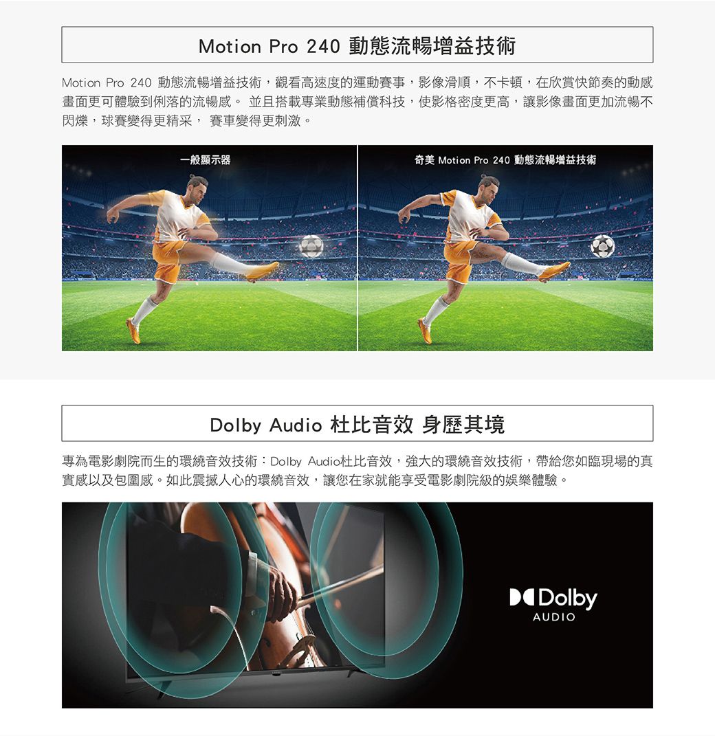 Motion Pro 240 動態流暢增益技術Motion Pro 240 動態流暢增益技術,觀看高速度的運動賽事,影像滑順,不卡頓,在欣賞快節奏的動感畫面更可體驗到俐落的流暢感。並且搭載專業動態補償科技,使影格密度更高,讓影像畫面更加流暢不閃爍,球賽變得更精采,賽車變得更刺激。一般顯示器奇美 Motion Pro 240 動態流暢增益技術Dolby Audio 杜比音效 身歷其境專為電影劇院而生的環繞音效技術: Dolby Audio杜比音效,強大的環繞音效技術,帶給您如臨現場的真實感以及包圍感。如此震撼人心的環繞音效,讓您在家就能享受電影劇院級的娛樂體驗。DolbyAUDIO