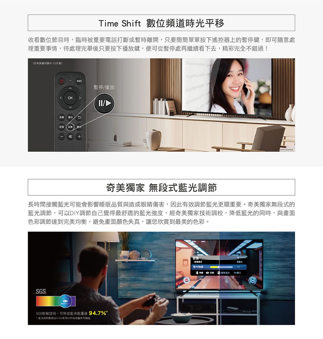 Time Shift 數位頻道時平移收看數位節目時,臨時被重要電話打斷或暫時離開,只要簡簡單單按下器上的暫停鍵,即可隨意處理重要事情,待處理完畢後只要按下播放鍵,便可從暫停處再繼續看下去,精彩完全不錯過!(以遙控器RC-22示意OK暫停播放/奇美獨家 無段式藍光長時間接觸藍光可能會影響睡眠品質與造成眼睛傷害,因此有效調節藍光更顯重要。奇美獨家無段式的藍光調節,可以DIY調節自己覺得最舒適的藍光強度,經奇美獨家技術調校,降低藍光的同時,與畫面色彩調節達到完美均衡,避免畫面顏色失真,讓您欣賞到最美的色彩。SGSSGS檢驗證明,可降低藍光能量達 94.7%*藍光調節數值以A100系列55光藍光強度37
