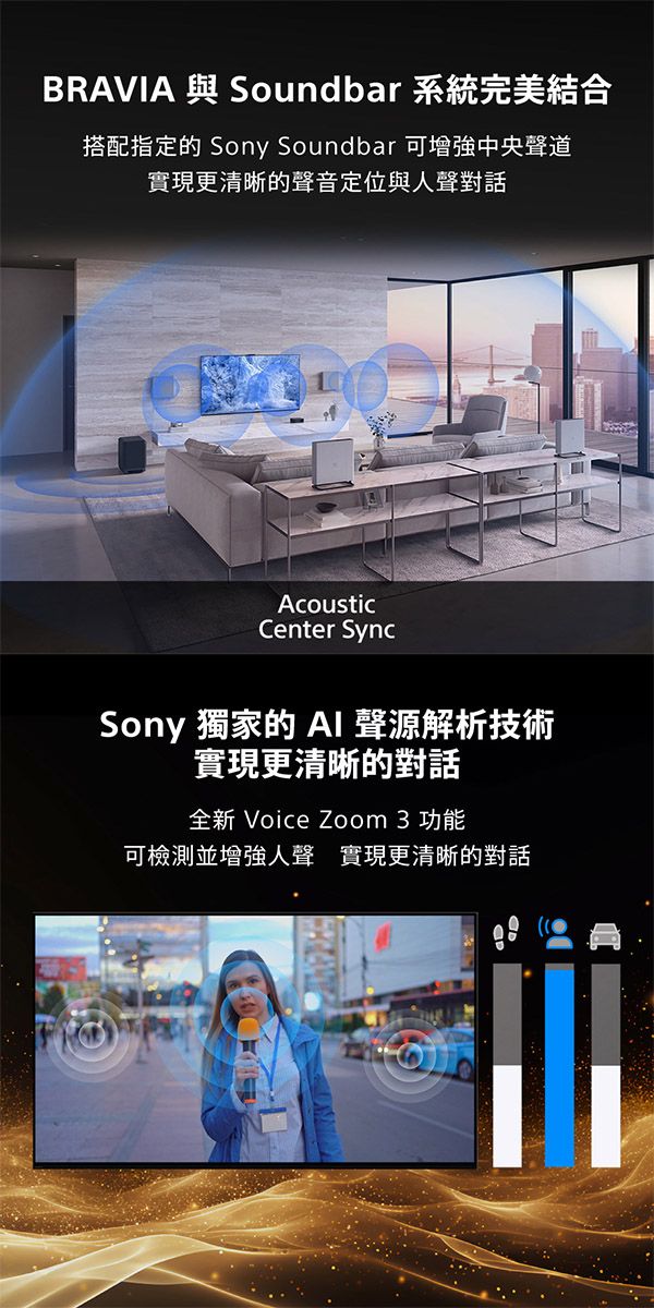 BRAVIA 與 Soundbar 系統完美結合搭配指定的 Sony Soundbar 可增強中央聲道實現更清晰的聲音定位與人聲對話AcousticCenter SyncSony 獨家的  聲源解析技術實現更清晰的對話全新 Voice Zoom 3 功能可檢測並增強人聲 實現更清晰的對話