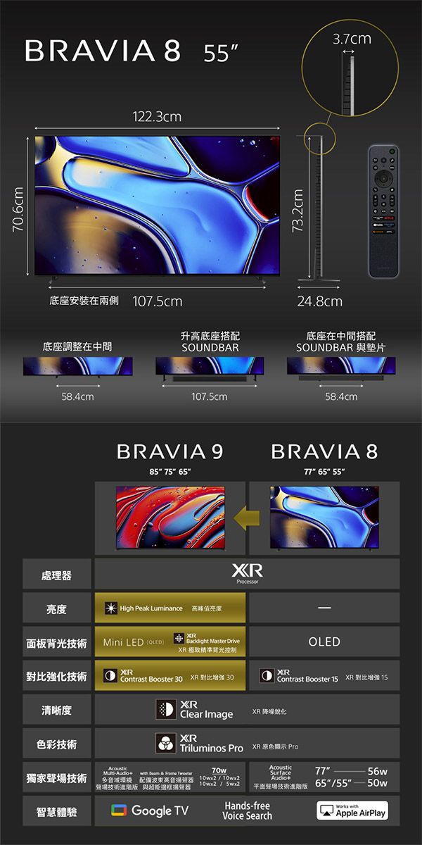 70.6cmBRAVIA 8 553.7cm122.3cm底座安裝在兩側 107.5cm升高座底座調整在中間SOUNDBAR58.4cm107.5cm73.2cm24.8cm底座在中間搭配SOUNDBAR 與墊片58.4cmBRAVIA 985 75 65BRAVIA 8 65 55處理器亮度 High Peak Luminance 高峰值亮度面板背光技術 Mini LED   Master DriveXROLEDXR 極致精準背光控制XRXR對比強技術Contrast Booster 30 Contrast Booster 15 XR清晰度Clear ImageXR 降噪化XR色彩技術     獨家聲場技術智慧體驗  Google TVHands-freeVoice Search Triluminos Pro  Pro多音域 波東高音聲場技術版 與超能揚聲器 / 10wx2SurfaceAudio+7756w平衡技術進階版 65/55 50w Apple AirPlay