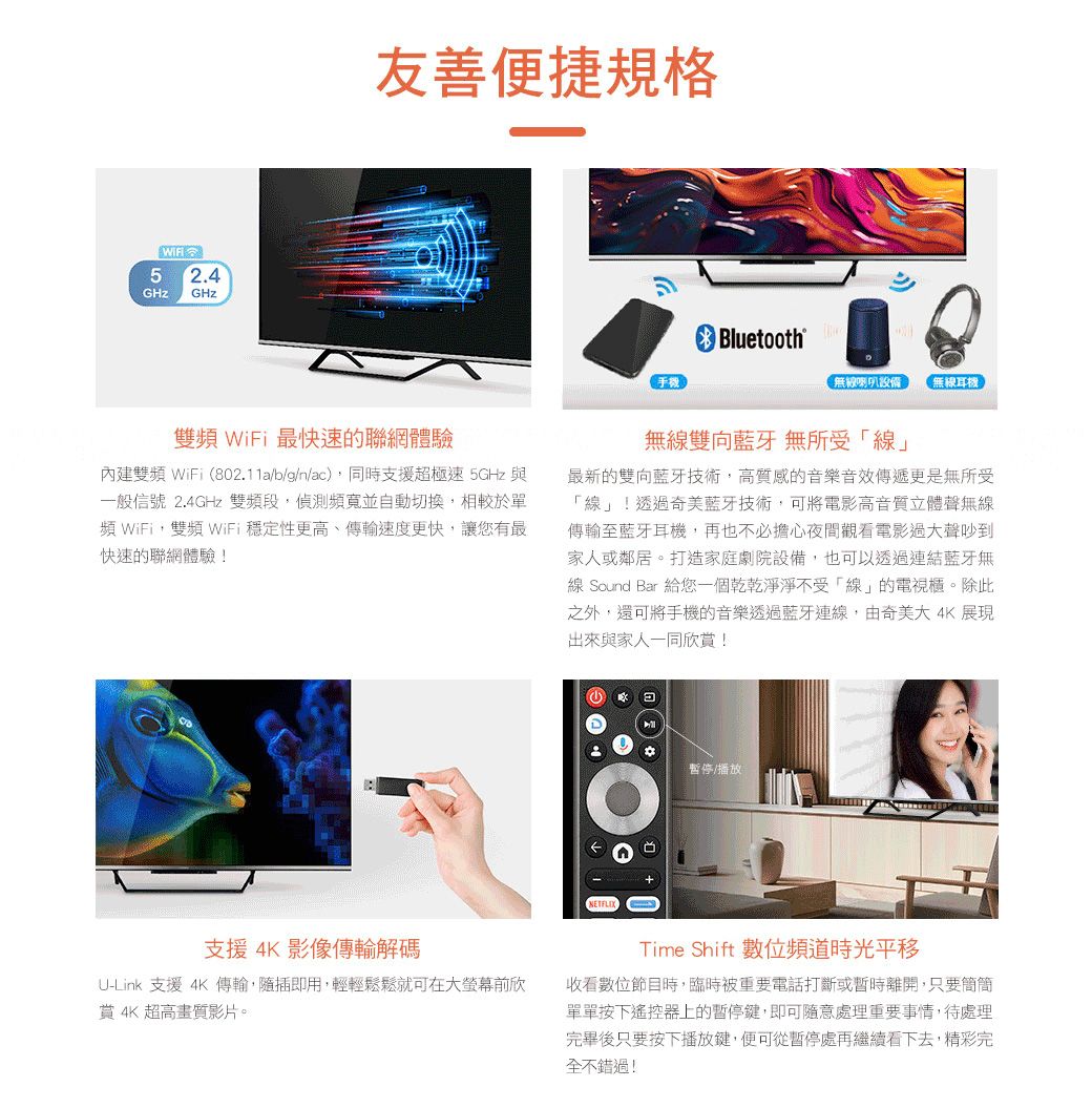 5 2.4 友善便捷規格Bluetooth®手機無喇叭設備無線耳機雙頻 WiFi 最快速的聯網體驗內建雙頻 WiFi (802.11a/b/g/n/ac),同時支援超極速5GHz 與一般信號 2.4GHz 雙頻段,偵測並自動切換,相較於單頻 WiFi,雙頻 WiFi 穩定性更高、傳輸速度更快,讓您有最快速的聯網體驗!無線雙向藍牙 無所受線」最新的雙向藍牙技術,高質感的音樂音效傳遞更是無所受「線」!透過奇美藍牙技術,可將電影高音質立體聲無線傳輸至藍牙耳機,再也不必擔心夜間觀看電影過大聲吵到家人或鄰居。打造家庭劇院設備,也可以透過連結藍牙無線 Sound Bar 給您一個乾乾淨淨不受「線」的電視櫃。除此之外,還可將手機的音樂透過藍牙連線,由奇美大 4K 展現出來與家人一同欣賞!暫停/播放支援4K 影像傳輸解碼U-Link 支援 4K 傳輸,隨插即用,輕輕鬆鬆就可在大螢幕前欣賞 4K超高畫質影片。Time Shift 數位頻道時光平移收看數位節目時,臨時被重要電話打斷或暫時離開,只要簡簡單單按下遙控器上的暫停鍵,即可隨意處理重要事情,待處理完畢後只要按下播放鍵,便可從暫停處再繼續看下去,精彩完全不錯過!