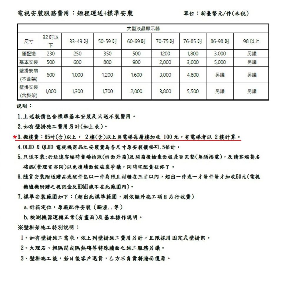 電視安服務費用:短程運送+標準安裝單位:新臺幣元/件(未稅)大型液晶顯示器32 以尺寸33-49 50-5960-69 70-7576-85 86-98 98 以上下僅配送23025035050012001,8003,000另議基本安裝5006008009002,0003,0005,000另議壁掛安裝6001,0001,2001,6003,0004,800另議另議(不含架)壁掛安裝1,0001,3001,7002,0003,8005,500另議另議(含掛架)說明:1.上述報價包含標準基本安裝及只送不裝費用。2. 如有壁掛施工費用另計(如上表)。3. 搬樓費:65吋(含)以上,2樓(含)以上無電梯每層樓加收100元,有電梯者以2樓計算。4. OLED & QLED 電視機商品之安裝費為各尺寸原安裝價格*1.5倍計。5. 只送不裝:於送達客端時當場拍照(四面外箱)及開箱後檢查面板是否完整(無須插電),及請客端簽名確認(管理室亦同)以免後續面板破裂爭議,同時宅配責任終了。6. 隨安裝附送贈品或配件包以一件為限且材積在三才以內,超出一件或一才每件每才加收50元(電視機隨機附贈之視訊盒及HDMI線不在此範圍內)。7. 標準安裝範圍如下:(超出此標準範圍,則依額外施工項目另行收費)a. 拆箱定位,原廠配件安裝(腳座..)b. 檢測機器運轉正常(有畫面)及基本操作說明。※壁掛架施工特別說明:1、如有壁掛施工需求,依上列壁掛施工費用另計,且限採用固定式壁掛架。2、大理石、輕隔間或隔熱磚等特殊牆面之施工服務另議。3、壁掛施工後,若日後客戶退貨,乙方不負責將牆面復原。