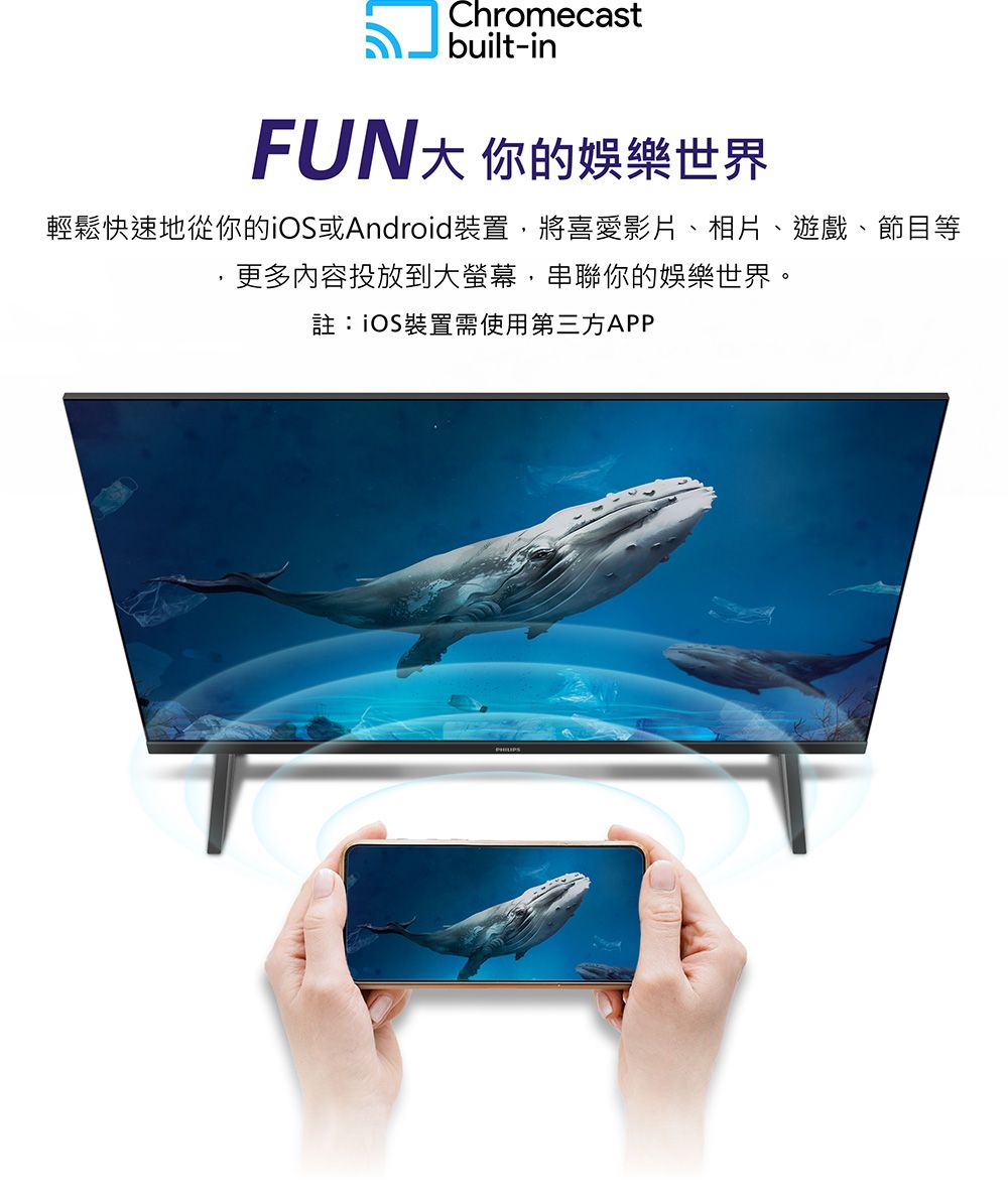 Chromecastbuilt-inFUN大 你的娛樂世界輕鬆快速地從你的iOS或Android裝置,將喜愛影片、相片、遊戲、節目等更多內容投放到大螢幕,串聯你的娛樂世界。註:iOS裝置需使用第三方APP