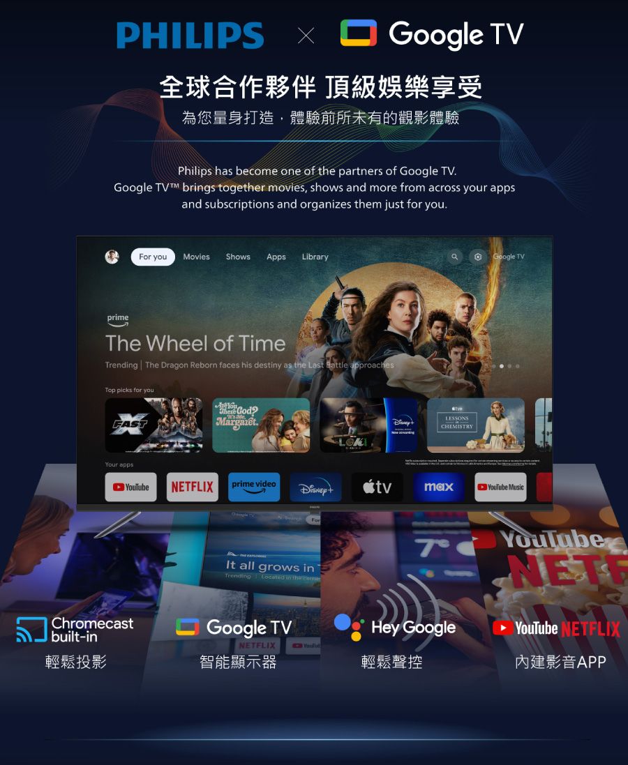 PHILIPS  TV全球合作夥伴 頂級娛樂享受為您量身打造,體驗前所未有的觀影體驗Philips has become one of  partners of Google TVGoogle  brings together movies, shows and more from across your appsand subscriptions and organizes them just for youFor youMovies Shows AppsLibraryprimeThe Wheel of TimeTrending The Dragon Reborn faces his destiny as the Last Battle approachesTop picks for youYour apps.LESSONSCHEMISTRYGoogle TVNETFLIXprime videomax MusicGoogleIt all grows in Trending Located in the beNETYouTube NETFLIXChromecastbuilt-inGoogle TVHey GoogleNETFLIXYouTu輕鬆投影智能顯示器輕鬆聲控內建影音APP