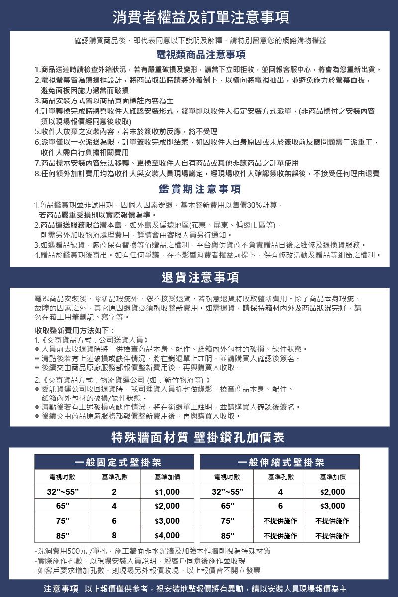 消費者權益及訂單注意事項確認購買商品後即代表同意以下說明及解釋特別留意您的網路購物權益電視類商品注意事項1.商品送達時請檢查外箱狀況若有嚴重破損及變形請當下立即拒收並回報客服中心將會為您重新出貨。2.電視螢幕皆為薄邊框設計將商品取出時請將外箱倒下以將電視抽出並避免施力於螢幕面板避免面板因施力過當而破損3.商品安裝方式皆以商品頁面標註內容為主4.訂單轉換完成時將與收件人確認安裝形式發單即以收件人指定安裝方式派單(非商品標之安裝內容須以現場報價經同意後收取)5.收件人放棄之安裝內容若未於簽收前反應將不受理6.派單僅以一次派送為限訂單簽收完成即結案如因收件人自身原因或未於簽收前反應問題需二派重工收件人需自行負擔相關費用7.商品標示安裝內容無法移轉、更換至收件人自有商品或其他非該商品之訂單使用8.任何額外加計費用均為收件人與安裝人員現場議定經現場收件人確認簽收無誤後不接受任何理由退費鑑賞期注意事項1.商品鑑賞期並非試用期因個人因素辦退基本整新費用以售價30%計算若商品嚴重受損則以實際報價為準。2.商品運送服務限台灣本島如外島及偏遠地區(花東、屏東、偏遠山區等)則需另外加收物流處理費用,詳情會由客服人員另行通知。3.如遇贈品缺貨,廠商保有替換等值贈品之權利,平台與供貨商不負責贈品日後之維修及退換貨服務。4.贈品於鑑賞期後寄出。如有任何爭議,在不影響消費者權益前提下,保有修改活動及贈品等細節之權利。退貨注意事項電視商品安裝後,除新品瑕疵外,恕不接受退貨,若執意退貨將收取整新費用。除了商品本身瑕疵、故障的因素之外,其它原因退貨必須酌收整新費用。如需退貨,請保持箱材內外及商品狀況完好,請勿在箱上用筆劃記、寫字等。收取整新費用方法如下:1.《交寄貨品方式:公司送貨人員》人員前去收退貨時將一併檢查商品本身、配件、紙箱內外包材的破損、缺件狀態。清點後若有上述破損或缺件情況,將在銷退單上註明,並請購買人確認後簽名。 後續交由商品原廠服務部報價整新費用後,再與購買人收取。2.《交寄貨品方式:物流貨運公司(如:新竹物流等)》委託貨運公司收回退貨時,我司理貨人員拆封做錄影,檢查商品本身、配件、紙箱內外包材的破損/缺件狀態。@清點後若有上述破損或缺件情況,將在銷退單上註明,並請購買人確認後簽名。@ 後續交由商品原廠服務部報價整新費用後,再與購買人收取。特殊牆面材質 壁掛鑽孔加價表一般固定式壁掛架一般伸縮式壁掛架電視數基準孔數基準加價電視吋數基準孔數基準加價322$1,00032554$2,000654$2,000656$3,000756$3,00075不提供施作不提供施作858$4,00085不提供施作不提供施作-洗洞費用500元/單孔,施工牆面非水泥牆及加強木作牆則視為特殊材質-實際施作孔數,以現場安裝人員說明,經客戶同意後施作並收現-如客戶要求增加孔數,則現場另外報價收現。以上報價皆不開立發票注意事項以上報價僅供參考,視安裝地點報價將有異動,請以安裝人員現場報價為主