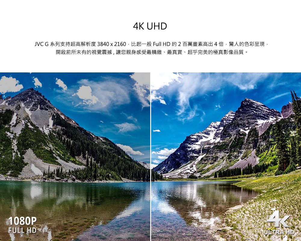 4K UHDJVC G 系列支持超高解析度 3840x2160比起一般 Full HD 的 2百萬畫素高出4倍驚人的色彩呈現,開啟前所未有的視覺震撼,讓您親身感受最精緻、最真實、超乎完美的極真影像品質。1080PFULL HDULTRA