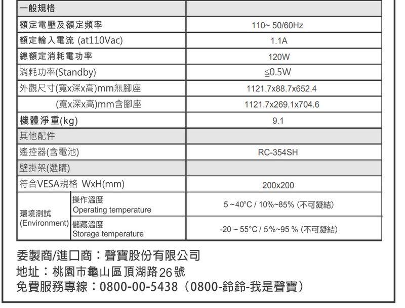 一般規格額定電壓及額定頻率額定輸入電流(at110Vac)總額定消耗電功率 消耗功率(Standby)110~50/60Hz1.1A120W≤0.5W1121.7x88.7x652.4外觀尺寸(寬x深x高)mm無腳座(寬x深x高)mm含腳座機體淨重(kg)其他配件1121.7x269.1x704.69.1遙控器(含電池)壁掛架(選購)符合VESA規格 WxH(mm)操作溫度環境測試 Operating temperature(Environment) 儲藏溫度Storage temperature委製商/進口商:聲寶股份有限公司地址:桃園市龜山區頂湖路26號RC-354SH200x2005~40C/10%~85% (不可凝結)-20~55/5%~95%(不可凝結)免費服務專線:0800-00-5438 (0800-鈴鈴-我是聲寶)