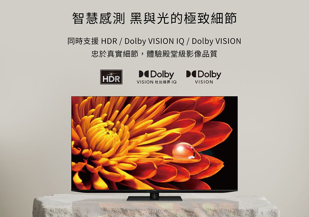 智慧感測 黑與光的極致細節同時支援 HDR / Dolby  / Dolby 忠於真實細節,體驗殿堂級影像品質HDRDDolby DolbyVISION 杜比 VISION