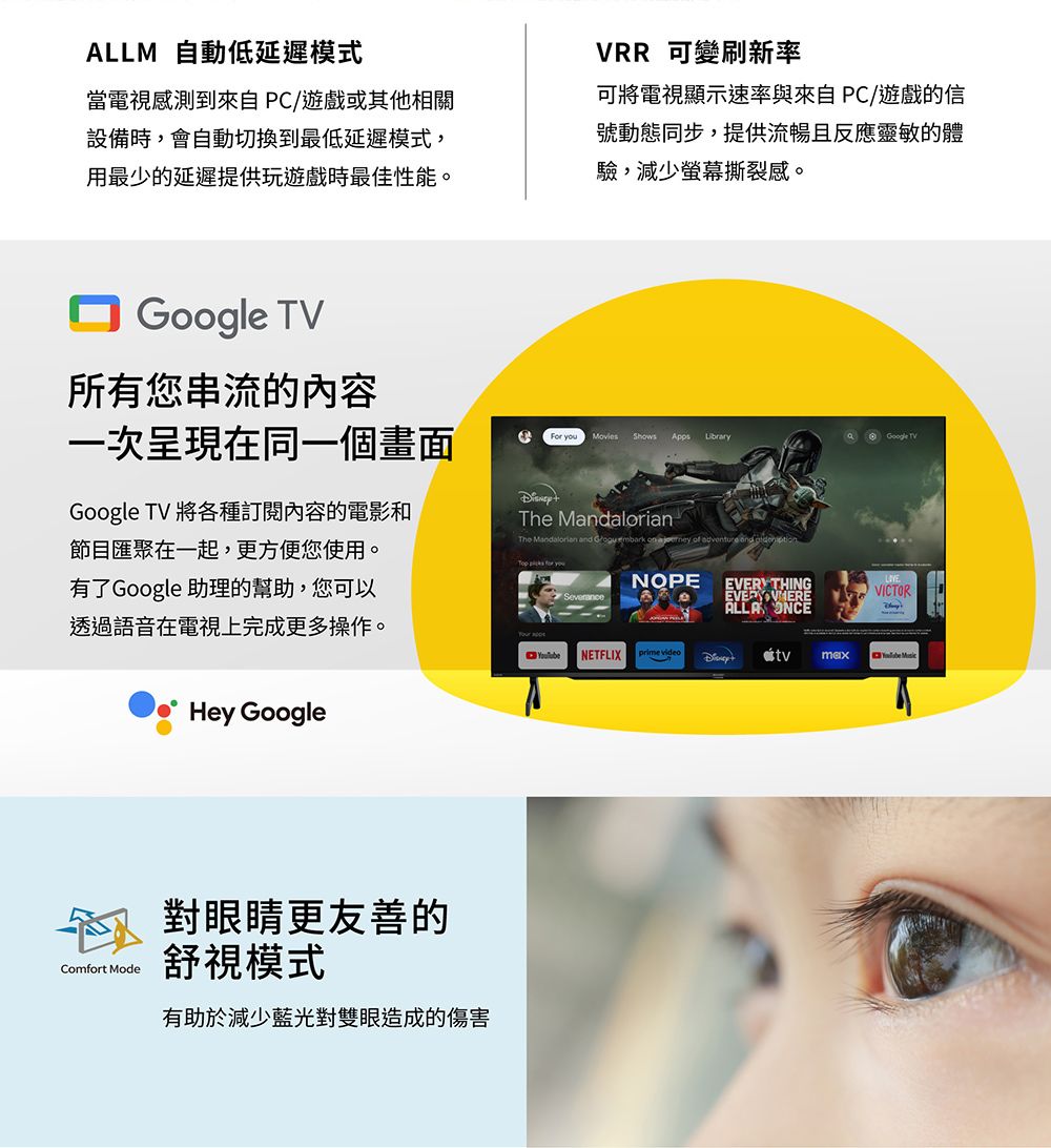 自動低延遲模式當電視感測到來自 PC/遊戲或其他相關設備時,會自動切換到最低延遲模式,用最少延遲提供玩遊戲時最佳性能。Google 所有您串流的內容一次呈現在同一個畫面Google TV 各種訂閱內容的電影和節目匯聚在一起,更方便您使用。有了Google 助理的幫助,您可以透過語音在電視上完成更多操作。Comt Mode Hey Google對眼睛更友善的舒視模式有助於減少藍光對雙眼造成的傷害 you   Apps The The Mndalorian     a  of  and   for  可變刷新率可將電視顯示速率與來自PC/遊戲的信號動態同步,提供流暢且反應靈敏的體驗,減少螢幕撕裂感。NETFLIXNOPEprime videoEVERYTHINGALLA ONCE Google TVVICTOR