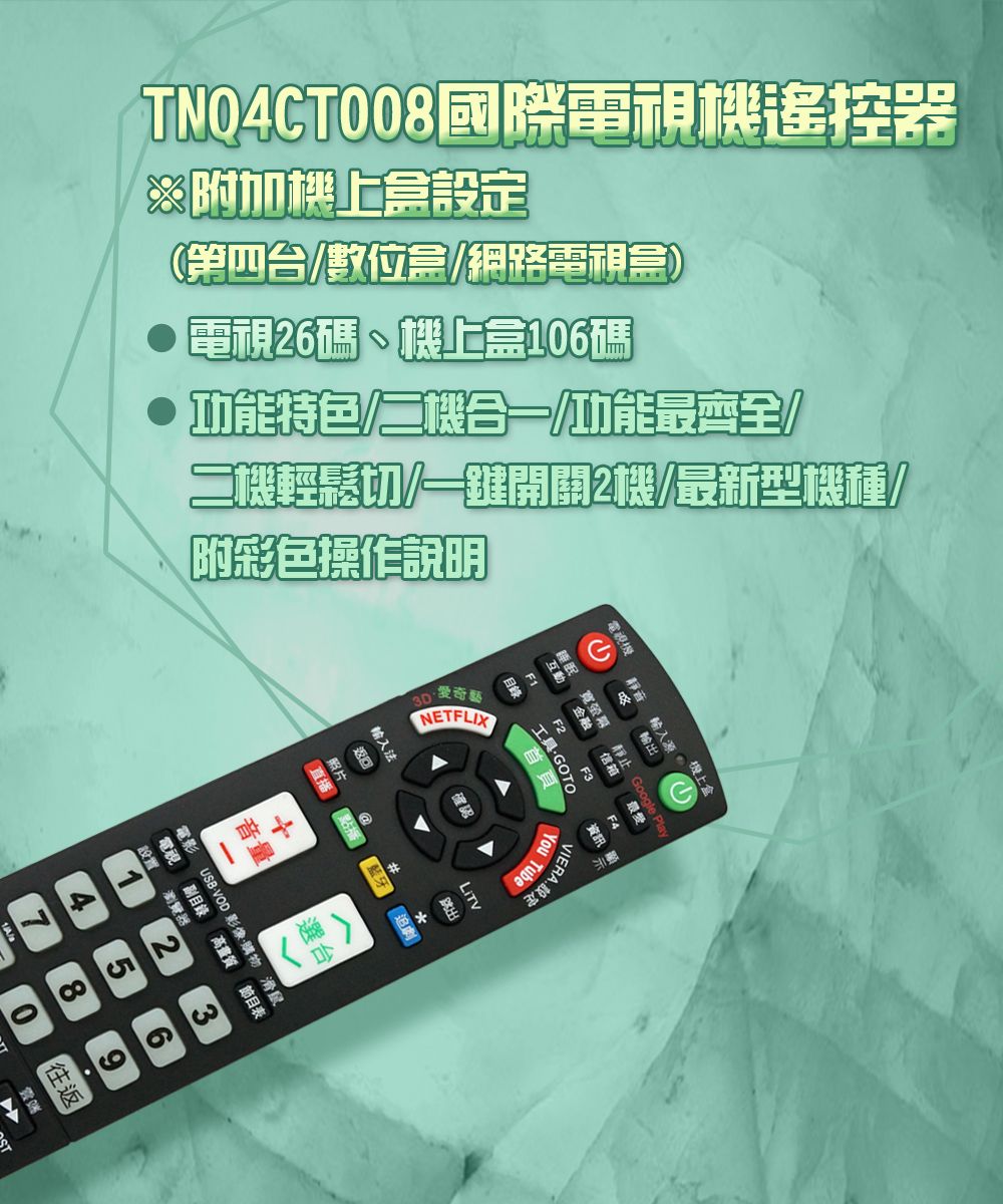TNO4T008國際電視遙控器二機輕鬆切一開關2機最新型機種/第四台/數位/網路電視功能特色二機合一功能最齊全電視26碼、機上盒106碼※附加機上盒定附彩色操作說明()睡眠互動金融寬螢幕輸入源輸出C靜止 Google 信箱F2F4NETFLIX輸入工具照片直播監牙音量選台電影 USBVOD影像購物 滑鼠電視副目錄高畫質節目表設置瀏覽器23475989VIERA設定You Tube