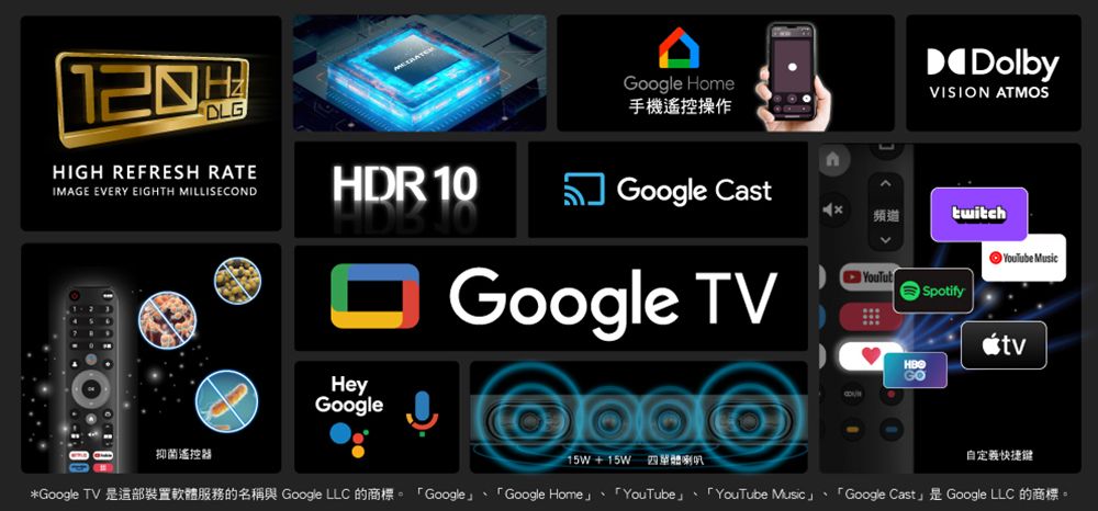 DLGHIGH REFRESH RATEIMAGE EVERY EIGHTH MILLISECONDGoogle Home手機遙控操作DolbyVISION ATMOSHDR 10Google Cast頻道twitchHeyGoogleGoogle TVGOSpotify Music抑菌遙控器15W15W自定義快捷键Google TV Google LLC Google Google Home YouTube YouTube Music Google Cast Google LLC