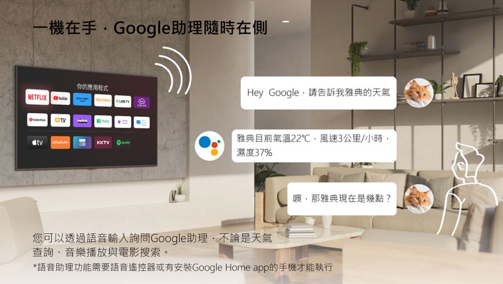 一機在手Google助理隨時在側你的應用程式NETFLIX TVHelpHey Google 告訴我雅典的天氣 KKTV雅典目前氣溫22℃風速3公里/小時濕度37%噢,那雅典現在是幾點?您可以透過語音輸入詢問Google助理,不論是天氣查詢、音樂播放與電影搜索。*語音助理功能需要語音遙控器或有安裝Google Home app的手機才能執行