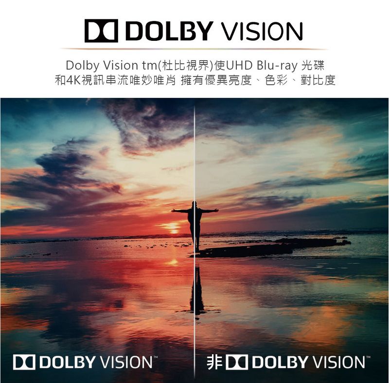 LBY VISIONDolby Vision tm(杜比視界)使UHD Blu-ray 光碟和4K視訊串流唯妙唯肖 擁有優異亮度、色彩、對比度DO DOLBY VISION DOLBY VISION