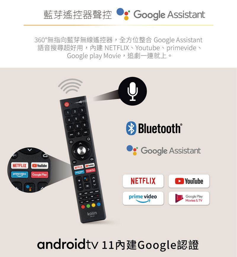 NEFLIX YouTprimevideoGoogle Play藍芽遙控器聲控Google Assistant36°無指向藍芽無線遙控器,全方位整合 Google Assistant Youtube primevideGoogle play Movie,追劇一連就上。T23567 860DNETFLIX ubeBluetooth®Google AssistantkolinNETFLIXprime videoYouTubeGoogle PlayMovies &amp; TVandroidtv 11 內建Google認證