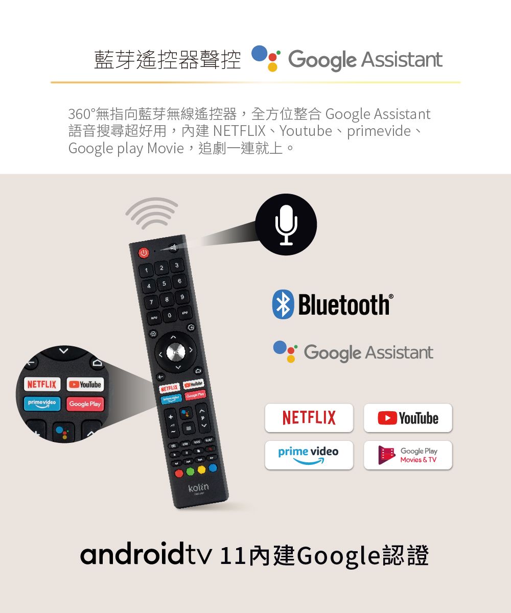 primevideo藍芽遙控器聲控Google Assistant36°無指向藍芽無線遙控器,全方位整合 Google AssistantETFLIX Youtube primevideGoogle play Movie,追劇一連就上。124560YouTubeGoogle PlayNETFLIXNkolinBluetooth®Google AssistantNETFLIXprime videoYouTubeGoogle PlayMovies &amp; TVandroidtv 11 內建Google認證