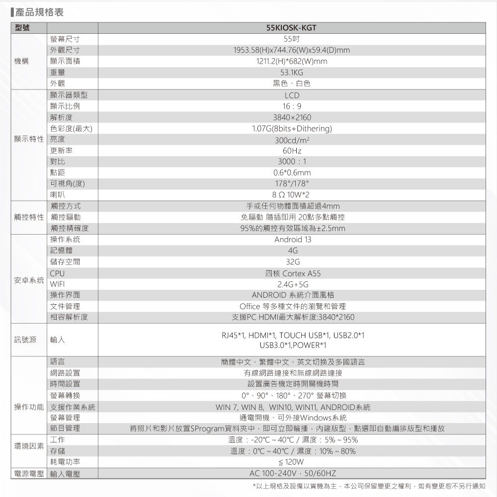 產品規格表型號螢幕尺寸 外觀尺寸機構顯示面積重量外觀顯示器類型顯示比例解析度色彩度最大)顯示特性 亮度更新率對比點距(視角(度)喇叭觸控方式觸控特性 觸控驅動觸控精確度操作系统記憶體55KIOSK-KGT55吋195358(H)x744.76(W)x59.4(D)mm1211.2(H)*682(W)mm53.1KG黑色、白色LCD169384021601.07G(8bits+Dithering)300cd/m²60Hz3000 10.6*0.6mm178/1788  10W*2手或任何物體面積超過4mm免驅動 隨插即用 20點多點觸控95%的觸控有效區域為±2.5mmAndroid 13.4G安卓系统儲存空間CPUWIFI操作界面文件管理相容解析度訊號源輸入語言網路設置時間設置螢幕轉換操作功能 支援作業系統螢幕管理節目管理工作環境因素 耗電功率電源電壓輸入電壓32G四核 Cortex A552.4G+5GANDROID 系統介面風格Office 等多種文件的瀏覽和管理支援PC HDMI最大解析度:3840*2160RJ45*1 HDMI*1 TOUCH USB*1 USB2.0*1USB3.0*1POWER*1簡體中文、繁體中文、英文切換及多國語言有線網路連接和無線網路連接設置廣告機定時開關機時間0°、90°、180°、270°螢幕切換WIN7WIN8, WIN10, , ANDROID系統通電開機,可外接Windows系統將照片和影片放置SProgram資料夾中,即可立即輪播,內建版型,點選即自動編排版型和播放溫度:-20~40℃/濕度:5%~95%溫度:0℃~40℃/濕度:10%~80%AC100-240V,50/60HZ*以上規格及設備以實機為主,本公司保留變更之權利,如有變更恕不另行通知