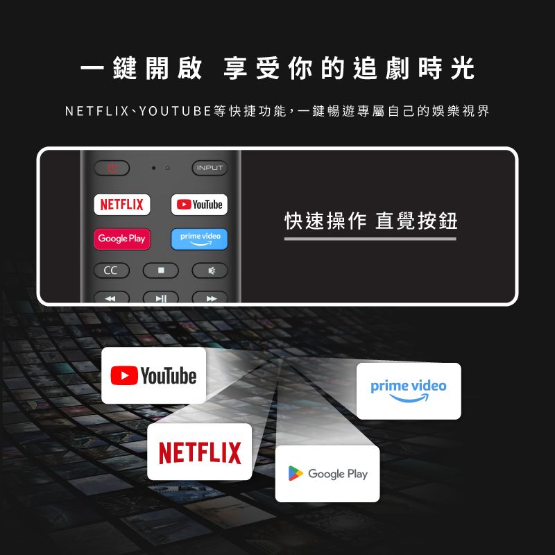 鍵開啟 享受你的追劇時光NETFLIX、YOUTUBE等快捷功能,一鍵暢遊專屬自己的娛樂視界INPUTNETFLIXYouTube快速操作 直覺按鈕Google Playprime videoCC YouTubeNETFLIXGoogle Playprime video