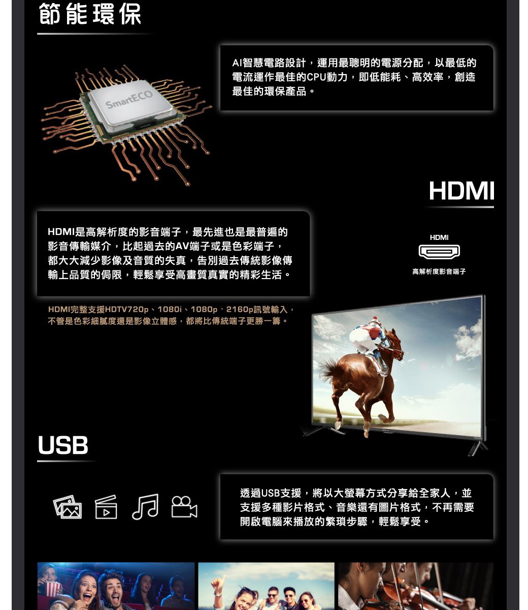 節能環保SmartECOAI智慧電路設計,運用最聰明的電源分配,以最低的電流運作最佳的CPU動力,即低能耗、高效率,創造最佳的環保產品。HDMIHDMI是高解析度的影音端子,最先進也是最普遍的影音傳輸媒介,比起過去的AV端子或是色彩端子,都大大減少影像及音質的失真,告別過去傳統影像傳輸上品質的侷限,輕鬆享受高畫質真實的精彩生活。HDMI高解析度影音端子HDMI完整支援HDTV720p、1080i、1080p、2160p訊號輸入,不管是色彩細膩度還是影像立體感,都將比傳統端子更勝一籌。USB透過USB支援,將以大螢幕方式分享給全家人,並支援多種影片格式、音樂還有圖片格式,不再需要開啟電腦來播放的繁瑣步驟,輕鬆享受。