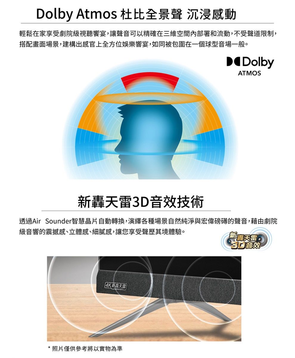 Dolby Atmos 杜比全景聲 沉浸感動輕鬆在家享受劇院級視聽饗宴,讓聲音可以精確在三維空間內部署和流動,不受聲道限制,搭配畫面場景,建構出感官上全方位娛樂響宴,如同被包圍在一個球型音場一般。DolbyATMOS新轟天雷音效技術透過Air Sounder智慧晶片自動轉換,演繹各種場景自然純淨與宏偉磅礴的聲音,藉由劇院級音響的震撼感、立體感、細膩感,讓您享受聲歷其境體驗。天雷* 照片僅供參考將以實物為準3D 音效