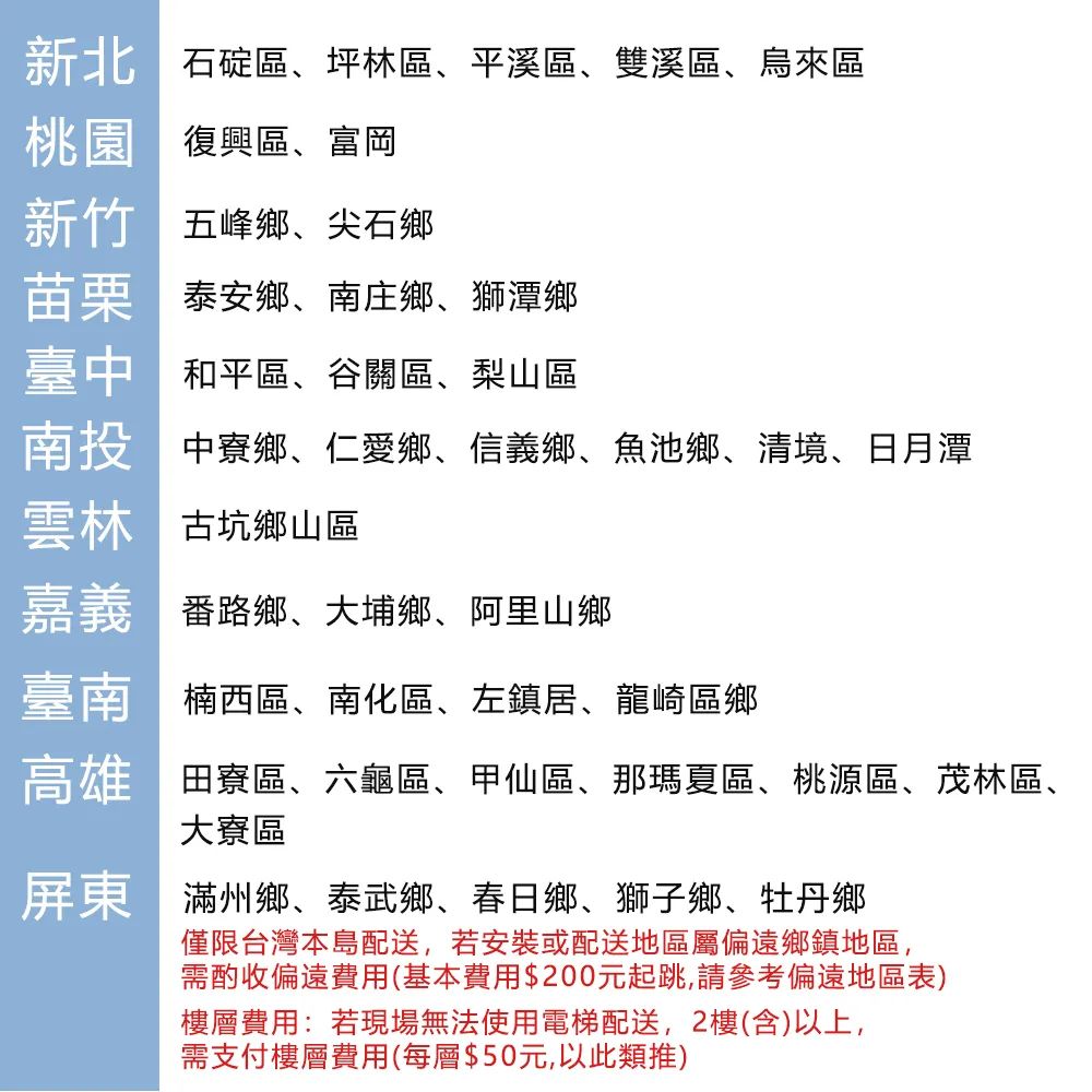 新北石碇區坪林區平溪區、雙溪區、烏來區復興區、富岡五峰鄉、尖石鄉泰安鄉、南庄鄉、獅潭鄉和平區、谷關區、梨山區南投中寮鄉、仁愛鄉、信義鄉、魚池鄉、清境、日月潭古坑鄉山區嘉義番路鄉、大埔鄉、阿里山鄉臺南楠西區、南化區、左鎮居、龍崎區鄉高雄田寮區、六龜區、甲仙區、那瑪夏區、桃源區、茂林區、大寮區屏東滿州鄉、泰武鄉、春日鄉、獅子鄉、牡丹鄉僅限台灣本島配送,若安裝或配送地區屬偏遠鄉鎮地區,需酌收偏遠費用(基本費用$200元起跳,請參考偏遠地區表)樓層費用:若現場無法使用電梯配送,2樓(含)以上,需支付樓層費用(每層$50元,以此類推)