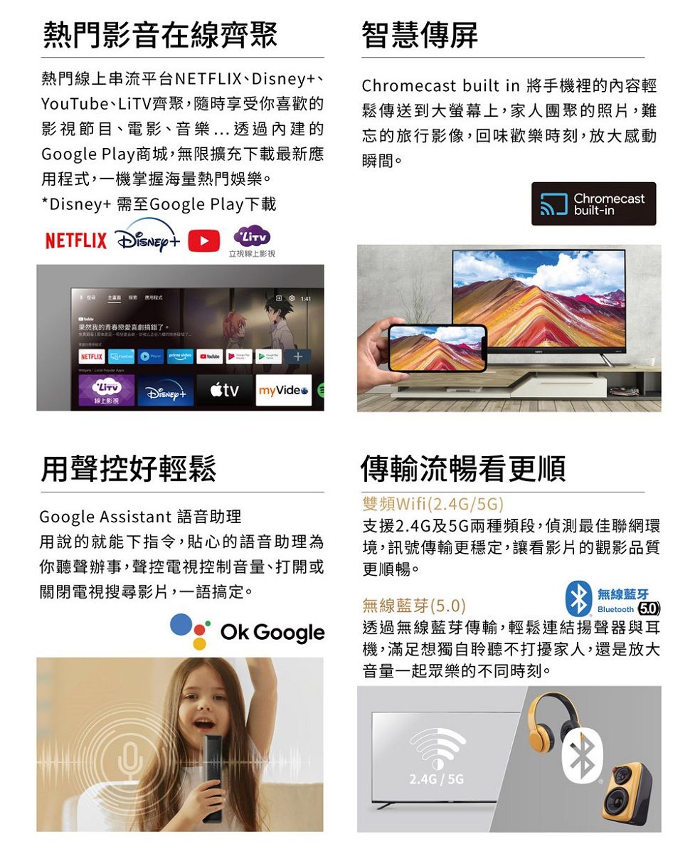 熱門影音在線齊聚熱門線上串流平台NETFLIXYouTube、LiTV齊聚,隨時享受你喜歡的影視節目、電影、音樂...透過內建的Google Play商城,無限擴充下載最新應用程式,一機掌握海量熱門娛樂。*Disney 需至Google Play下載NETFLIX +視線上影視智慧傳屏Chromecast built in 將手機裡的內容輕鬆傳送到大螢幕上,家人團聚的照片,難忘的旅行影像,回味歡樂時刻,放大感動瞬間。Chromecastbuilt-in 果然我的青春戀愛喜劇搞錯了。NETFLIXDisney+tv myVide線上影視用聲控好輕鬆Google Assistant 語音助理用說的就能下指令,貼心的語音助理為你聽聲辦事,聲控電視控制音量、打開或關閉電視搜尋影片,一語搞定。傳輸流暢看更順雙頻Wifi(2.4G/5G)支援2.4G及5G兩種頻段,偵測最佳聯網環境,訊號傳輸更穩定,讓看影片的觀影品質更順暢。無線藍芽(5.0)無線藍牙Bluetooth 5.0 Google透過無線藍芽傳輸,輕鬆連結揚聲器與耳機,滿足想獨自聆聽不打擾家人,還是放大音量一起眾樂的不同時刻。2.4G/5G