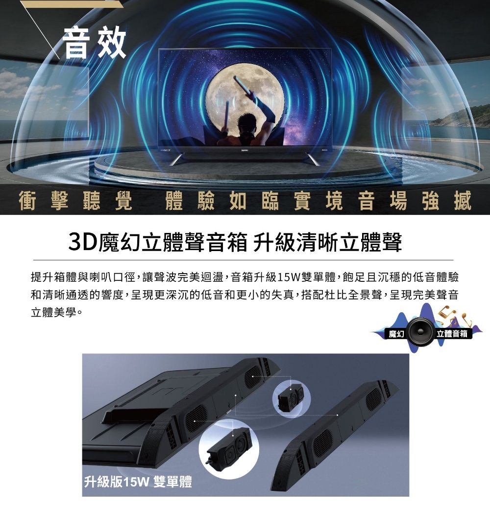 音效衝擊聽覺體驗如臨實境音場強3D魔幻立體聲音箱 升級清晰立體聲提升箱體與喇叭口徑,讓聲波完美迴盪,音箱升級15W雙單體,飽足且沉穩的低音體驗和清晰通透的響度,呈現更深沉的低音和更小的失真,搭配杜比全景聲,呈現完美聲音立體美學。升級版15W 雙單體魔幻立體音箱