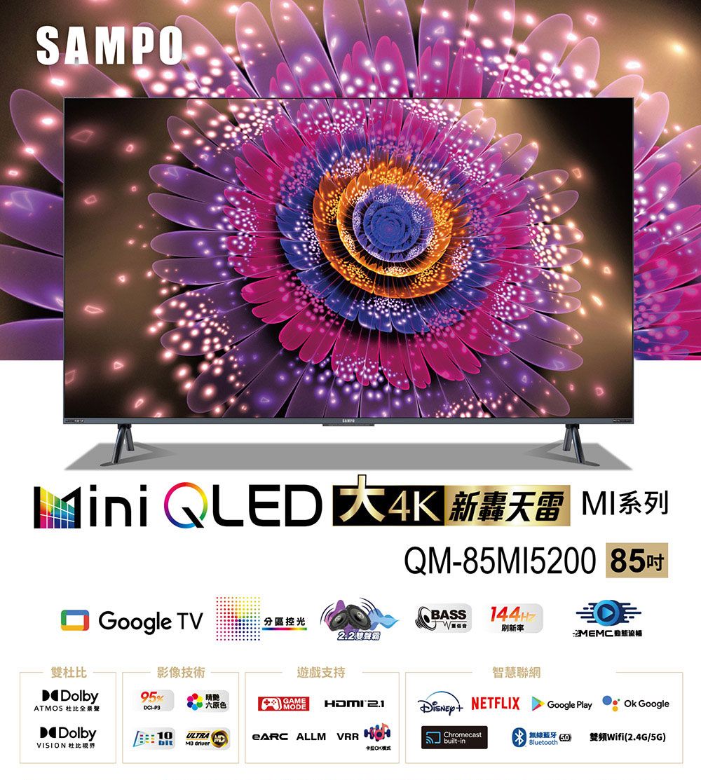 SAMPO QLED 新轟天雷 MI系列QM85MI5200 85雙杜比DolbyATMOS 杜比全景聲DolbyVISION 杜比Google TVBASS分區控光刷新率影像技術遊戲支持智慧聯網95%胞六原色-P3GAMEMODEHDMI Google PlayOk Google10ULTRAD  ALLM   NETFLIXbuilt-in模式 無線藍牙Bluetooth(2.4G/5G)