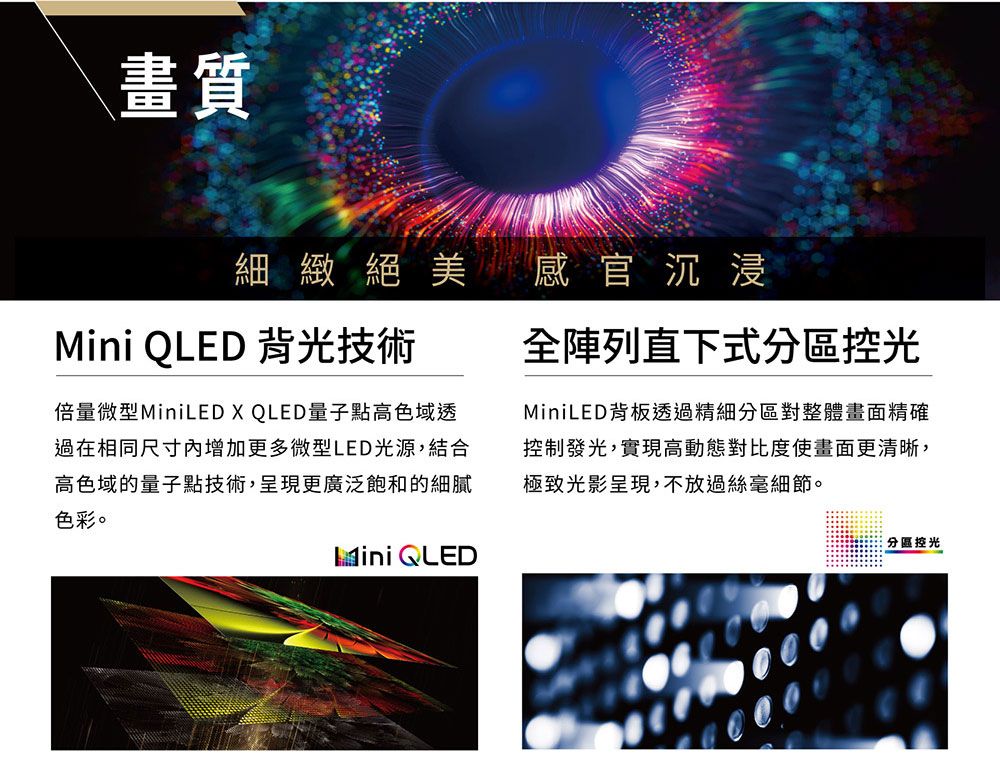 畫質細緻絕美感官沉浸Mini QLED 背光技術全陣列直下式分區控光倍量微型MiniLED X QLED量子點高色域透過在相同尺寸增加更多微型LED光源,結合高色域的量子點技術,呈現更廣泛飽和的細膩色彩。Mini QLEDMiniLED背板透過精細分區對整體畫面精確控制發光,實現高動態對比度使畫面更清晰,極致光影呈現,不放過絲毫細節。分區控光